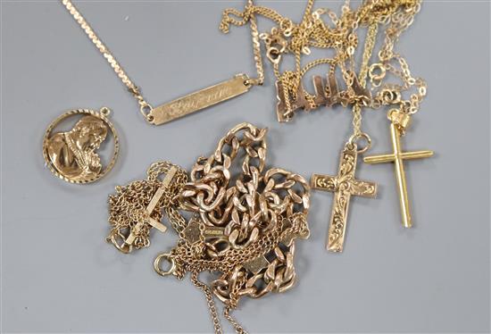 Six assorted 9ct chains or pendant necklaces, a 9ct gold charm, a 9ct bracelet and a 10k identity bracelet.